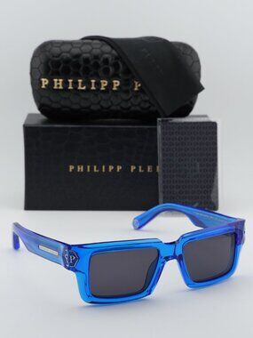 Philipp Plein SPP044M 0AGQ Rectangle Sunglasses - Blue / Grey